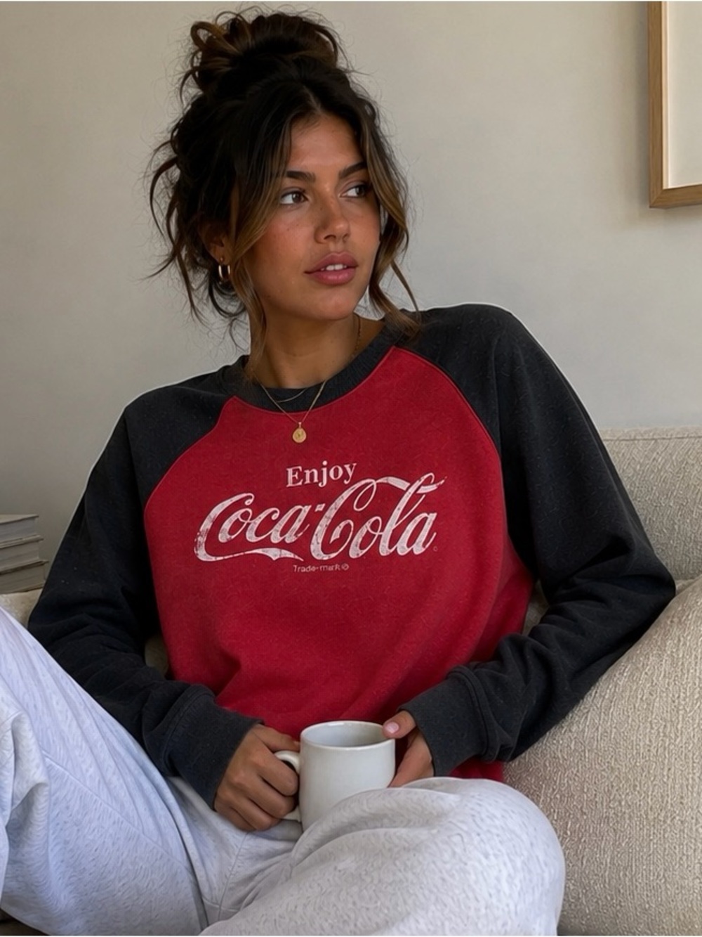 Coca-Cola Enjoy Coke Raglan Sweatshirt Red Charcoal Unisex L BNWOT Rare RETRO